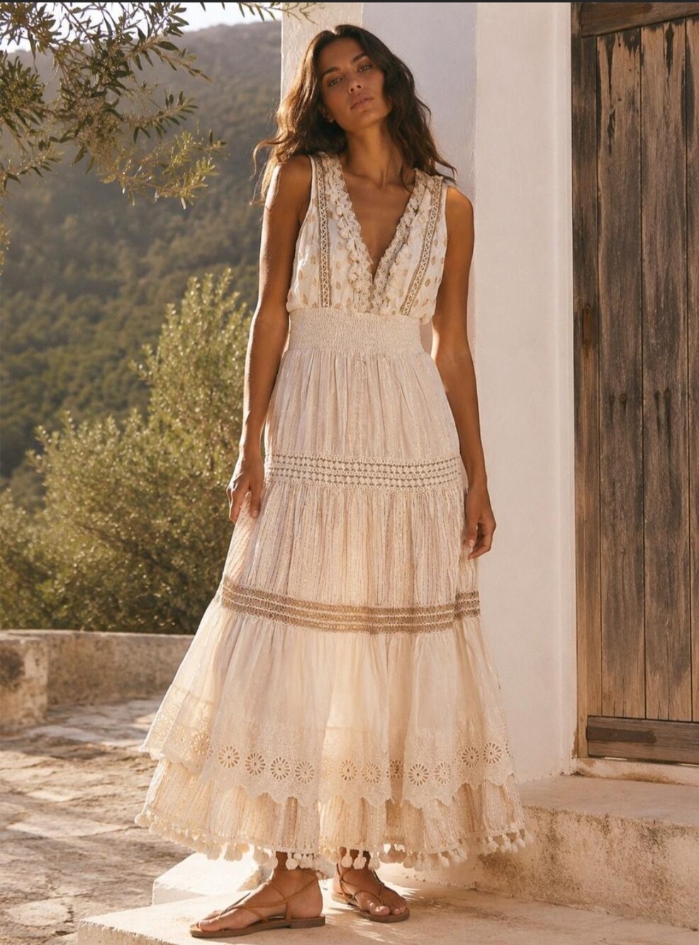 NAOO 3X Tan Bohemian Dress 100% Cotton Tiered Eyelet Tassle Lined Cottagecore